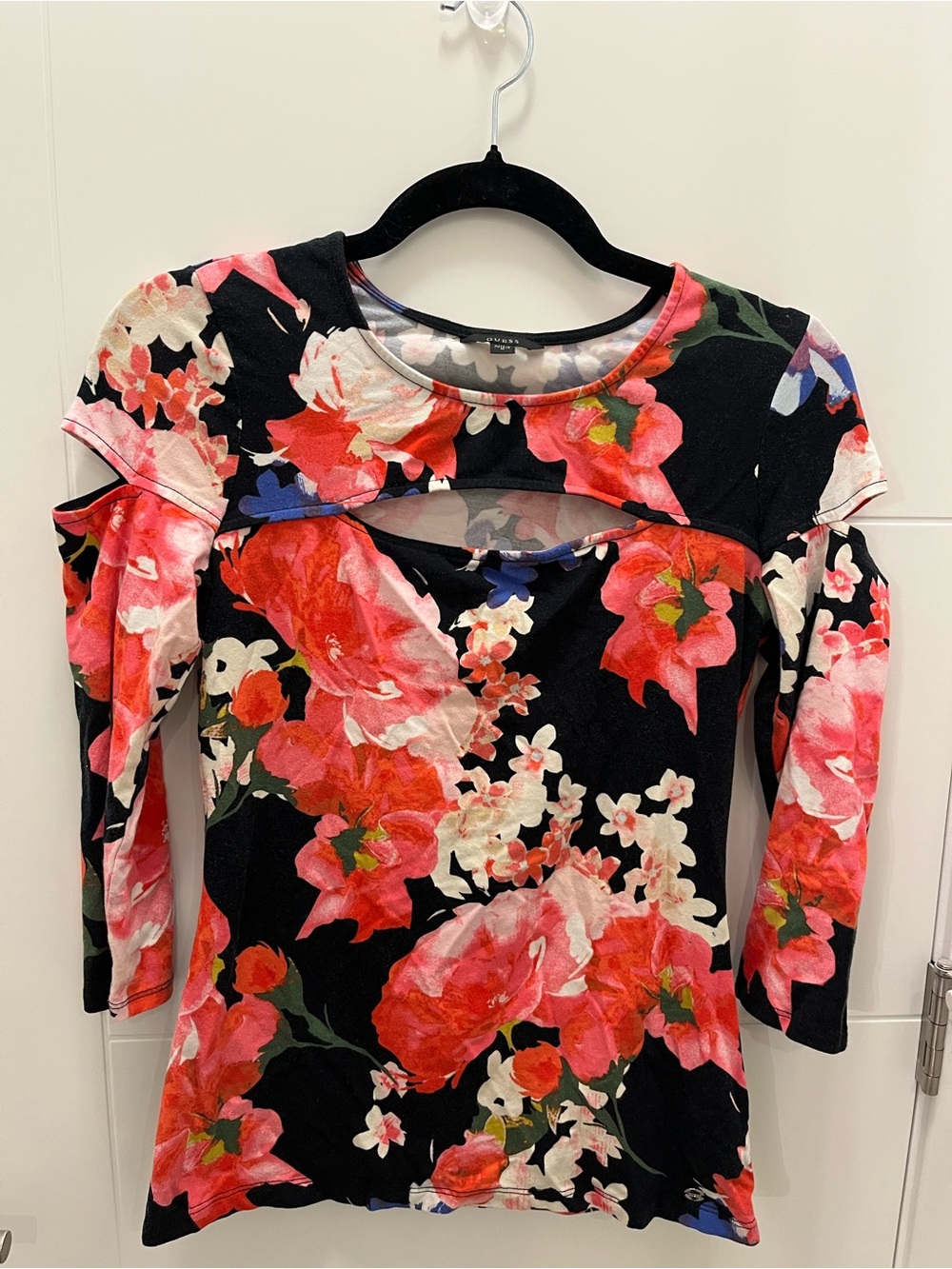 Guess Black Floral Cutout Top with Pink Blooms